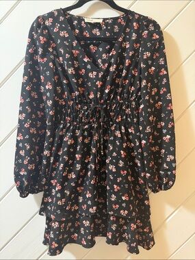 BeBop Black Floral Tie-Waist Long Sleeve Dress